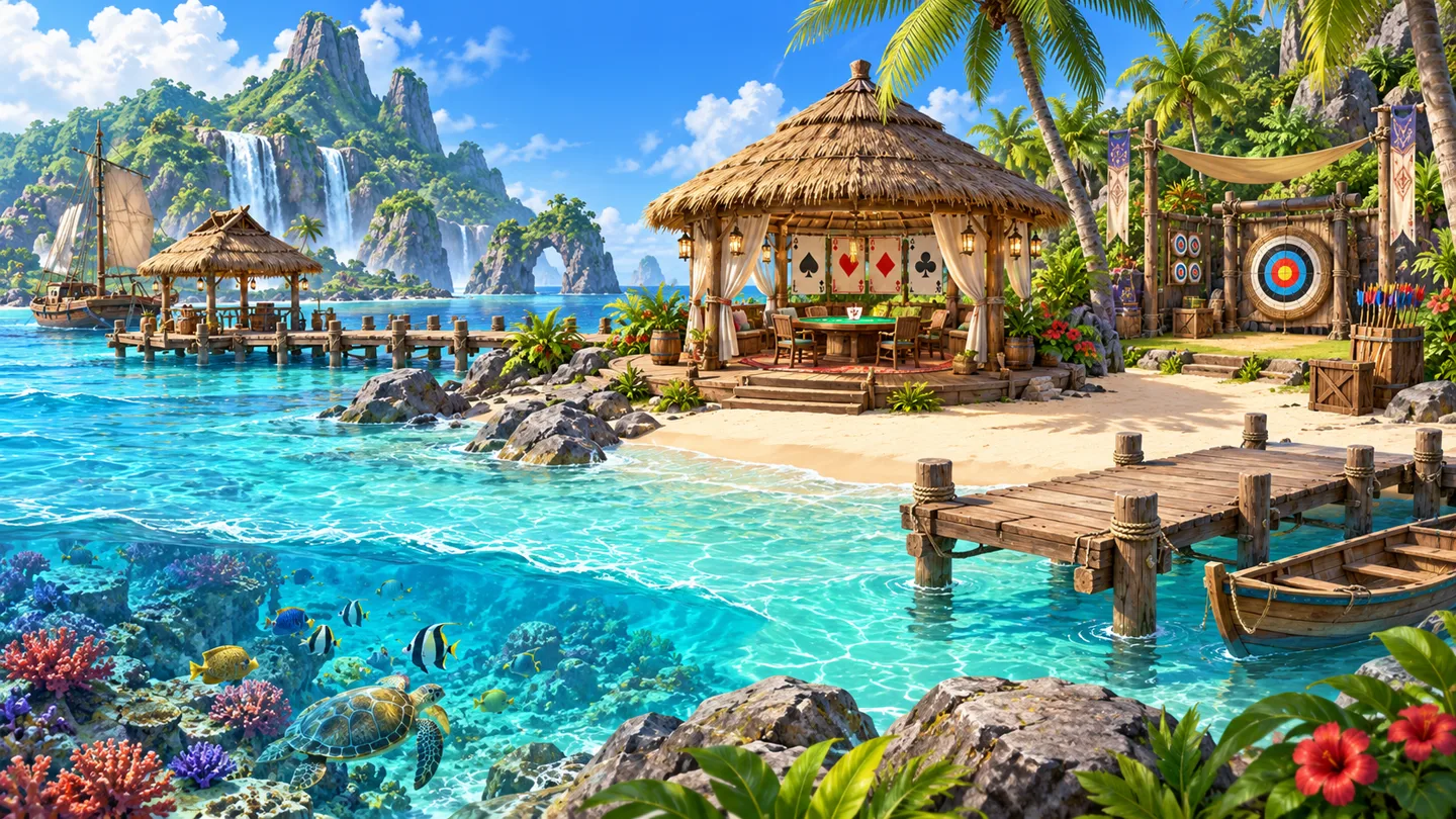 Promotional illustration of the Wildshore island, with a dock and different activity areas