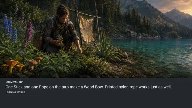 Minus Zero loading-screen illustration for: One Stick and one Rope on the tarp make a Wood Bow. Printed nylon rope works just as well.