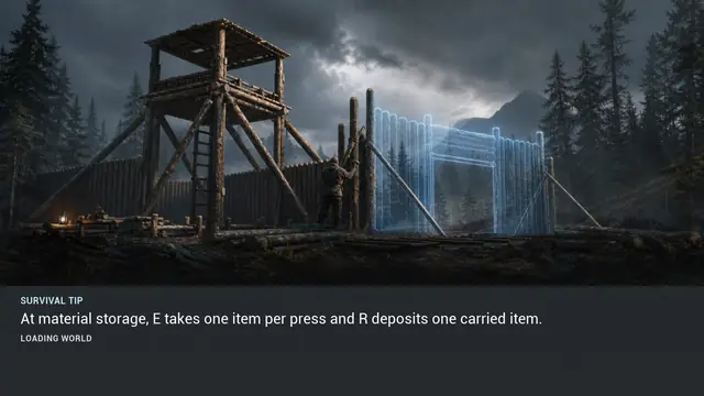 Minus Zero loading-screen illustration for: At material storage, E takes one item per press and R deposits one carried item.