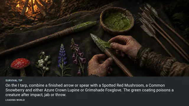 Minus Zero loading-screen illustration for: On the I tarp, combine a finished arrow or spear with a Spotted Red Mushroom, a Common Snowberry and either Azure Crown Lupine or Grimshade Foxglove. The green coating poisons a creature after impact, jab or throw.