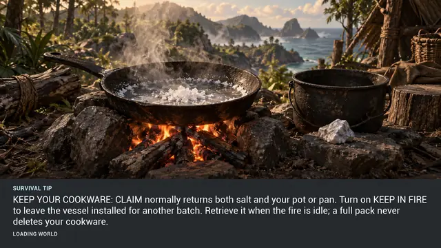 Minus Zero loading-screen illustration for: KEEP YOUR COOKWARE: CLAIM normally returns both salt and your pot or pan. Turn on KEEP IN FIRE to leave the vessel installed for another batch. Retrieve it when the fire is idle; a full pack never deletes your cookware.