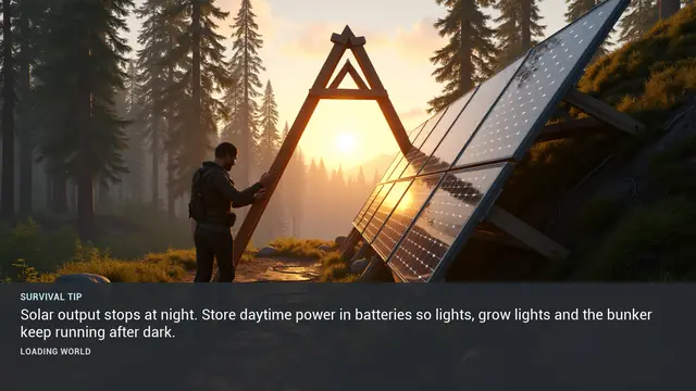 Minus Zero loading-screen illustration for: Solar output stops at night. Store daytime power in batteries so lights, grow lights and the bunker keep running after dark.