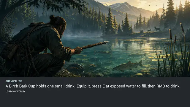 Minus Zero loading-screen illustration for: A Birch Bark Cup holds one small drink. Equip it, press E at exposed water to fill, then RMB to drink.