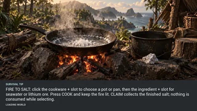Minus Zero loading-screen illustration for: FIRE TO SALT: click the cookware + slot to choose a pot or pan, then the ingredient + slot for seawater or lithium ore. Press COOK and keep the fire lit. CLAIM collects the finished salt; nothing is consumed while selecting.