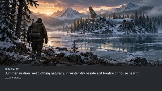 Minus Zero loading-screen illustration for: Summer air dries wet clothing naturally. In winter, dry beside a lit bonfire or house hearth.