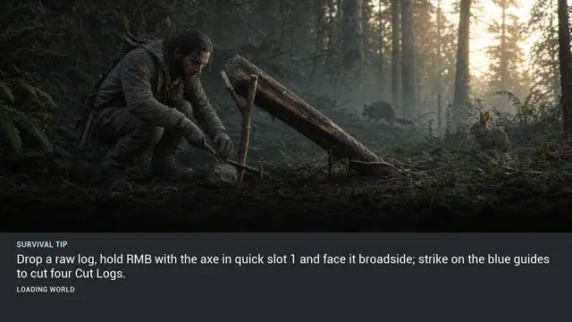 Minus Zero loading-screen illustration for: Drop a raw log, hold RMB with the axe in quick slot 1 and face it broadside; strike on the blue guides to cut four Cut Logs.