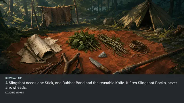 Minus Zero loading-screen illustration for: A Slingshot needs one Stick, one Rubber Band and the reusable Knife. It fires Slingshot Rocks, never arrowheads.