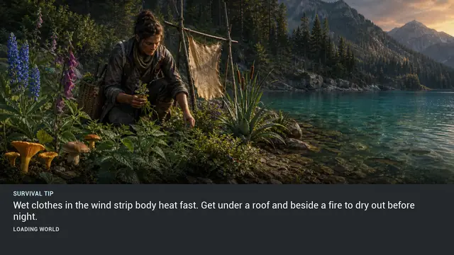 Minus Zero loading-screen illustration for: Wet clothes in the wind strip body heat fast. Get under a roof and beside a fire to dry out before night.