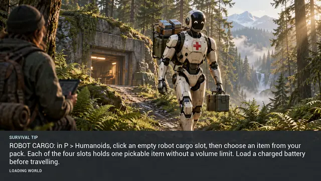 Minus Zero loading-screen illustration for: ROBOT CARGO: in P > Humanoids, click an empty robot cargo slot, then choose an item from your pack. Each of the four slots holds one pickable item without a volume limit. Load a charged battery before travelling.