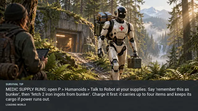 Minus Zero loading-screen illustration for: MEDIC SUPPLY RUNS: open P > Humanoids > Talk to Robot at your supplies. Say 'remember this as bunker', then 'fetch 2 iron ingots from bunker'. Charge it first: it carries up to four items and keeps its cargo if power runs out.