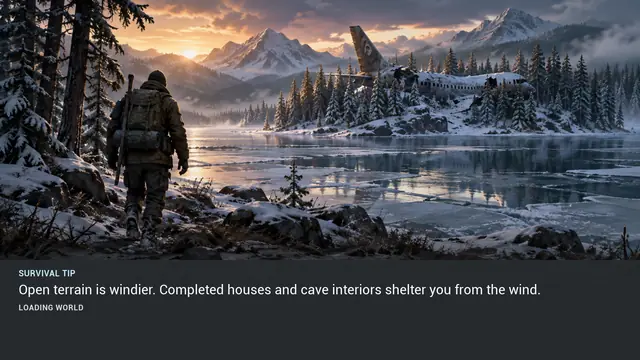 Minus Zero loading-screen illustration for: Open terrain is windier. Completed houses and cave interiors shelter you from the wind.