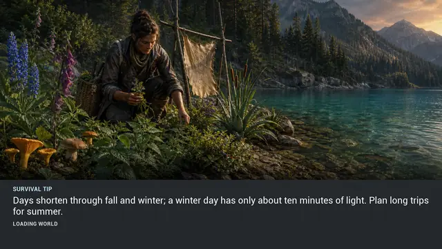 Minus Zero loading-screen illustration for: Days shorten through fall and winter; a winter day has only about ten minutes of light. Plan long trips for summer.