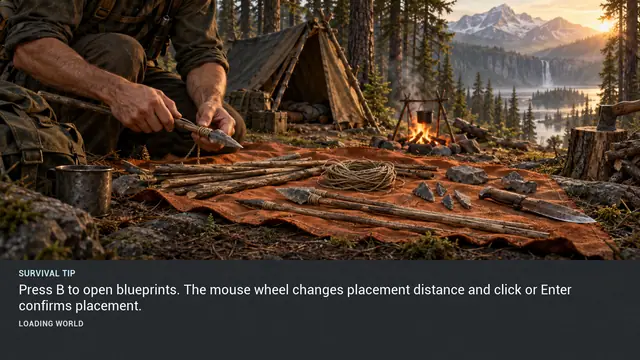 Minus Zero loading-screen illustration for: Press B to open blueprints. The mouse wheel changes placement distance and click or Enter confirms placement.