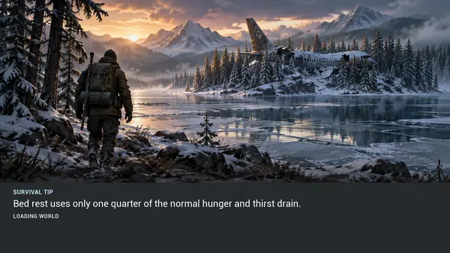 Minus Zero loading-screen illustration for: Bed rest uses only one quarter of the normal hunger and thirst drain.