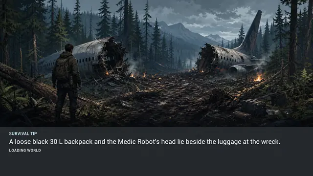 Minus Zero loading-screen illustration for: A loose black 30 L backpack and the Medic Robot's head lie beside the luggage at the wreck.