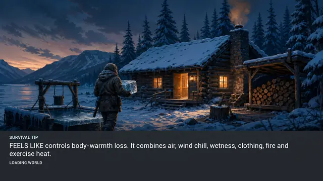 Minus Zero loading-screen illustration for: FEELS LIKE controls body-warmth loss. It combines air, wind chill, wetness, clothing, fire and exercise heat.