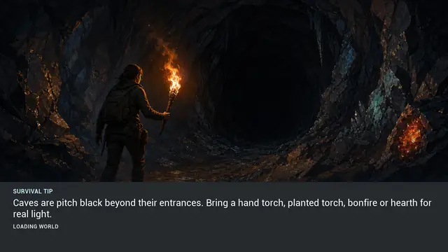 Minus Zero loading-screen illustration for: Caves are pitch black beyond their entrances. Bring a hand torch, planted torch, bonfire or hearth for real light.