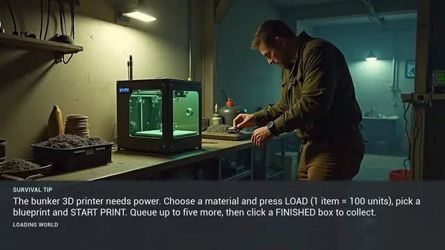 Minus Zero loading-screen illustration for: The bunker 3D printer needs power. Choose a material and press LOAD (1 item = 100 units), pick a blueprint and START PRINT. Queue up to five more, then click a FINISHED box to collect.