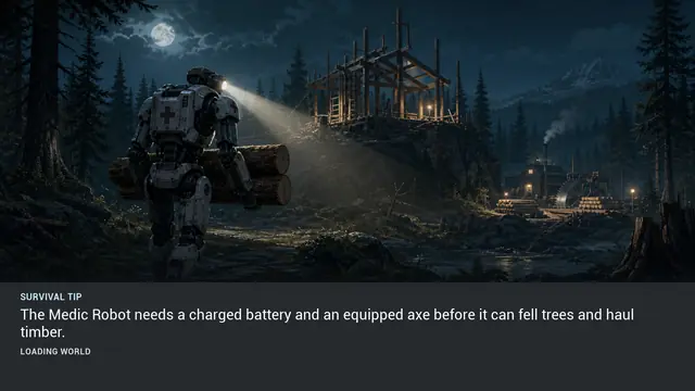 Minus Zero loading-screen illustration for: The Medic Robot needs a charged battery and an equipped axe before it can fell trees and haul timber.