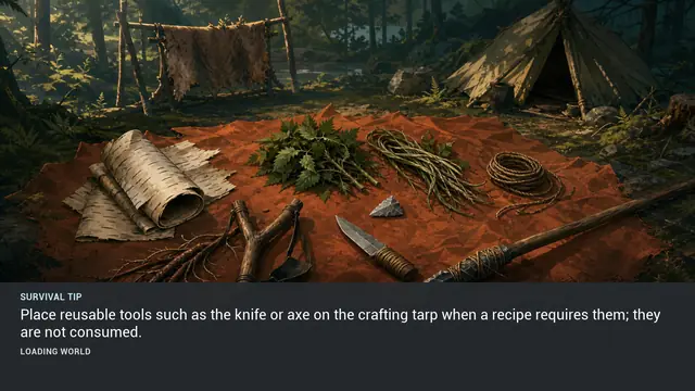 Minus Zero loading-screen illustration for: Place reusable tools such as the knife or axe on the crafting tarp when a recipe requires them; they are not consumed.