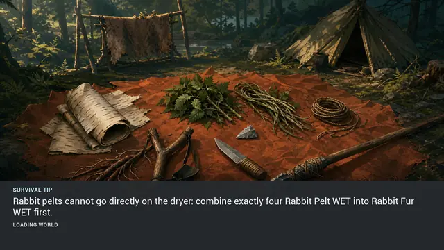 Minus Zero loading-screen illustration for: Rabbit pelts cannot go directly on the dryer: combine exactly four Rabbit Pelt WET into Rabbit Fur WET first.