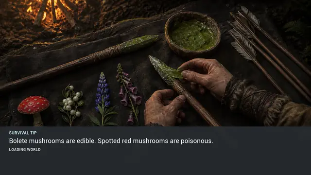 Minus Zero loading-screen illustration for: Bolete mushrooms are edible. Spotted red mushrooms are poisonous.