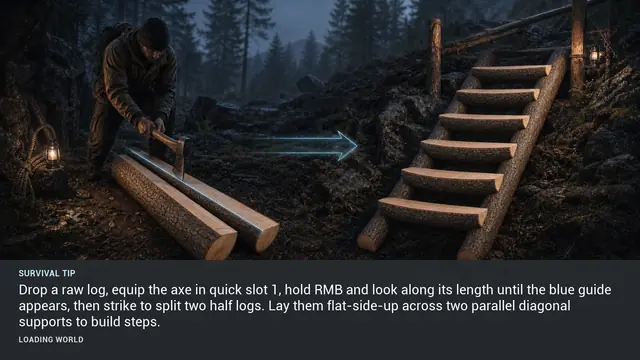 Minus Zero loading-screen illustration for: Drop a raw log, equip the axe in quick slot 1, hold RMB and look along its length until the blue guide appears, then strike to split two half logs. Lay them flat-side-up across two parallel diagonal supports to build steps.