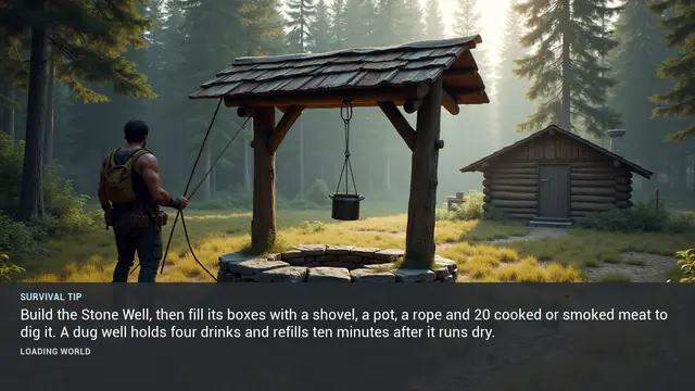 Minus Zero loading-screen illustration for: Build the Stone Well, then fill its boxes with a shovel, a pot, a rope and 20 cooked or smoked meat to dig it. A dug well holds four drinks and refills ten minutes after it runs dry.