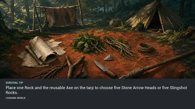 Minus Zero loading-screen illustration for: Place one Rock and the reusable Axe on the tarp to choose five Stone Arrow Heads or five Slingshot Rocks.