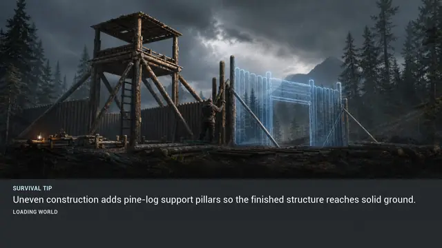 Minus Zero loading-screen illustration for: Uneven construction adds pine-log support pillars so the finished structure reaches solid ground.