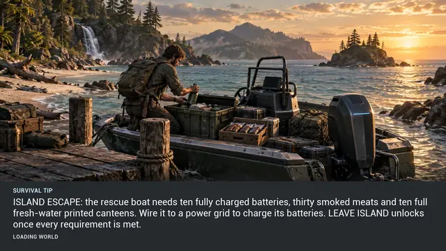 Minus Zero loading-screen illustration for: ISLAND ESCAPE: the rescue boat needs ten fully charged batteries, thirty smoked meats and ten full fresh-water printed canteens. Wire it to a power grid to charge its batteries. LEAVE ISLAND unlocks once every requirement is met.