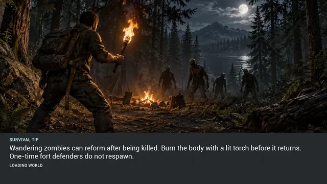Minus Zero loading-screen illustration for: Wandering zombies can reform after being killed. Burn the body with a lit torch before it returns. One-time fort defenders do not respawn.