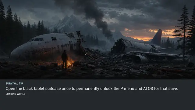 Minus Zero loading-screen illustration for: Open the black tablet suitcase once to permanently unlock the P menu and AI OS for that save.