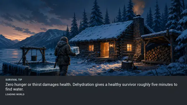 Minus Zero loading-screen illustration for: Zero hunger or thirst damages health. Dehydration gives a healthy survivor roughly five minutes to find water.