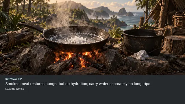 Minus Zero loading-screen illustration for: Smoked meat restores hunger but no hydration; carry water separately on long trips.