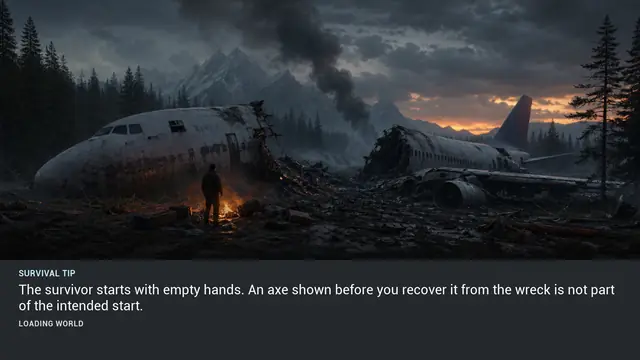 Minus Zero loading-screen illustration for: The survivor starts with empty hands. An axe shown before you recover it from the wreck is not part of the intended start.