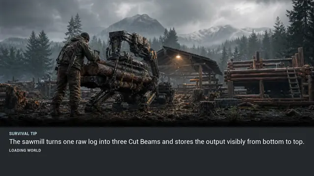Minus Zero loading-screen illustration for: The sawmill turns one raw log into three Cut Beams and stores the output visibly from bottom to top.