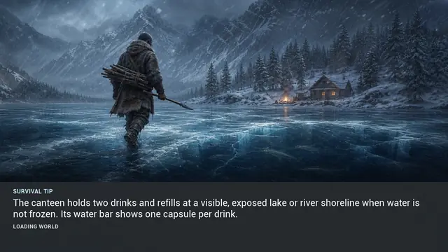 Minus Zero loading-screen illustration for: The canteen holds two drinks and refills at a visible, exposed lake or river shoreline when water is not frozen. Its water bar shows one capsule per drink.