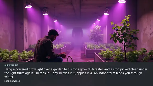 Minus Zero loading-screen illustration for: Hang a powered grow light over a garden bed: crops grow 30% faster, and a crop picked clean under the light fruits again - nettles in 1 day, berries in 2, apples in 4. An indoor farm feeds you through winter.
