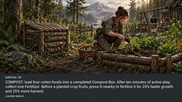 Minus Zero loading-screen illustration for: COMPOST: load four rotten foods into a completed Compost Box. After ten minutes of active play, collect one Fertilizer. Before a planted crop fruits, press R nearby to fertilize it for 25% faster growth and 25% more harvest.