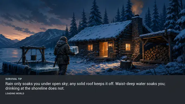 Minus Zero loading-screen illustration for: Rain only soaks you under open sky; any solid roof keeps it off. Waist-deep water soaks you; drinking at the shoreline does not.