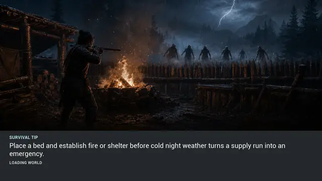 Minus Zero loading-screen illustration for: Place a bed and establish fire or shelter before cold night weather turns a supply run into an emergency.