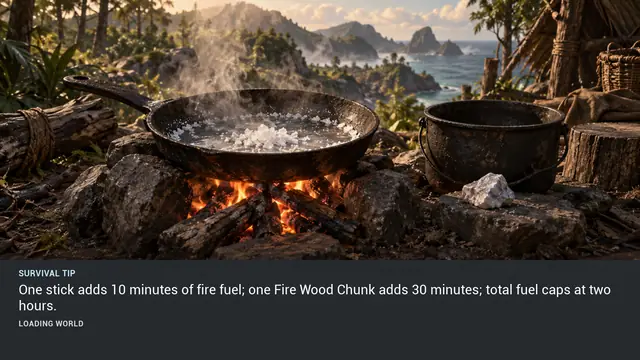 Minus Zero loading-screen illustration for: One stick adds 10 minutes of fire fuel; one Fire Wood Chunk adds 30 minutes; total fuel caps at two hours.