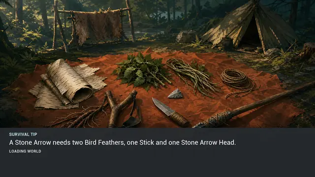 Minus Zero loading-screen illustration for: A Stone Arrow needs two Bird Feathers, one Stick and one Stone Arrow Head.
