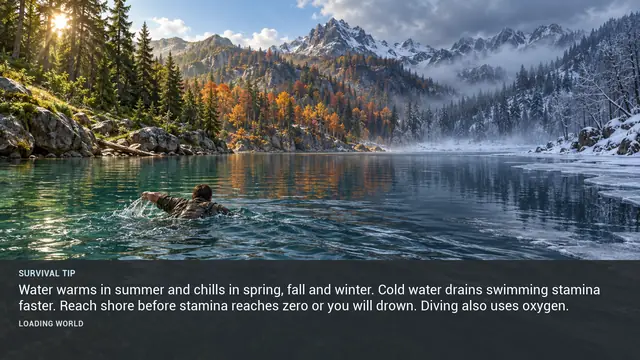 Minus Zero loading-screen illustration for: Water warms in summer and chills in spring, fall and winter. Cold water drains swimming stamina faster. Reach shore before stamina reaches zero or you will drown. Diving also uses oxygen.
