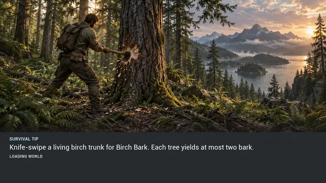 Minus Zero loading-screen illustration for: Knife-swipe a living birch trunk for Birch Bark. Each tree yields at most two bark.