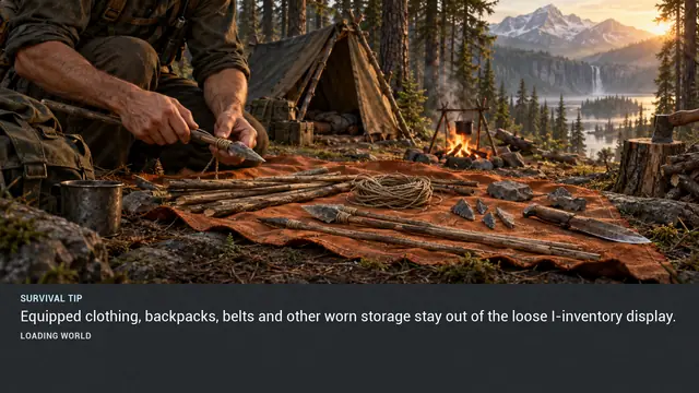 Minus Zero loading-screen illustration for: Equipped clothing, backpacks, belts and other worn storage stay out of the loose I-inventory display.
