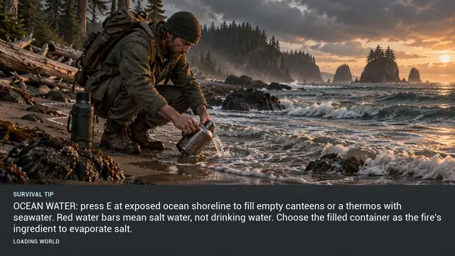 Minus Zero loading-screen illustration for: OCEAN WATER: press E at exposed ocean shoreline to fill empty canteens or a thermos with seawater. Red water bars mean salt water, not drinking water. Choose the filled container as the fire's ingredient to evaporate salt.