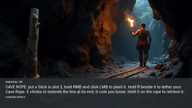 Minus Zero loading-screen illustration for: CAVE ROPE: put a Stick in slot 2, hold RMB and click LMB to plant it. Hold R beside it to tether your Cave Rope. E climbs or extends the line at its end; G cuts you loose. Hold G on the rope to retrieve it.