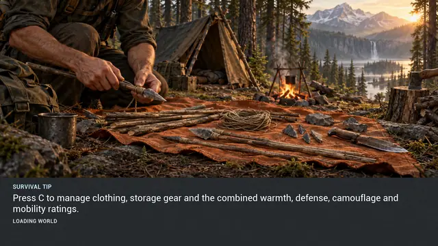 Minus Zero loading-screen illustration for: Press C to manage clothing, storage gear and the combined warmth, defense, camouflage and mobility ratings.